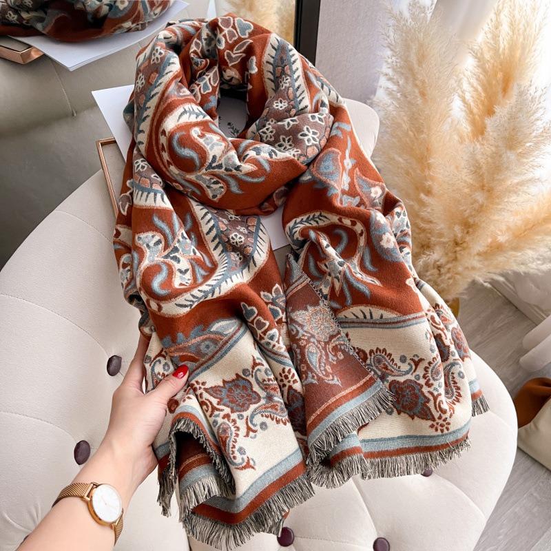 Ethnic Printed Faux Cashmere Scarf Winter Warm Thick Shawl For Women