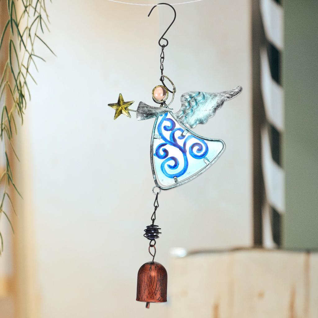 Garden Glass Painted Ornaments Wind Chimes Hanging Yard Decorations Solar Light Charming Blue Iron and Outdoor
