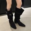 Boots women's 2025 autumn and winter new large tube circumference pleated piling boots suede thick heel boots but knee women's boots