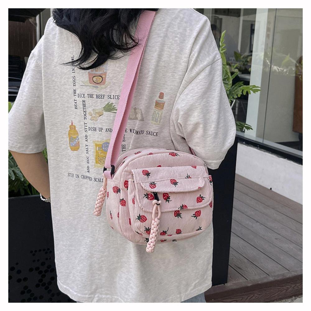 Fashion Printing Strawberry Crossbody Bag Zipper Corduroy Shoulder Bag Sweet Women Girl Large Capacity Handbag