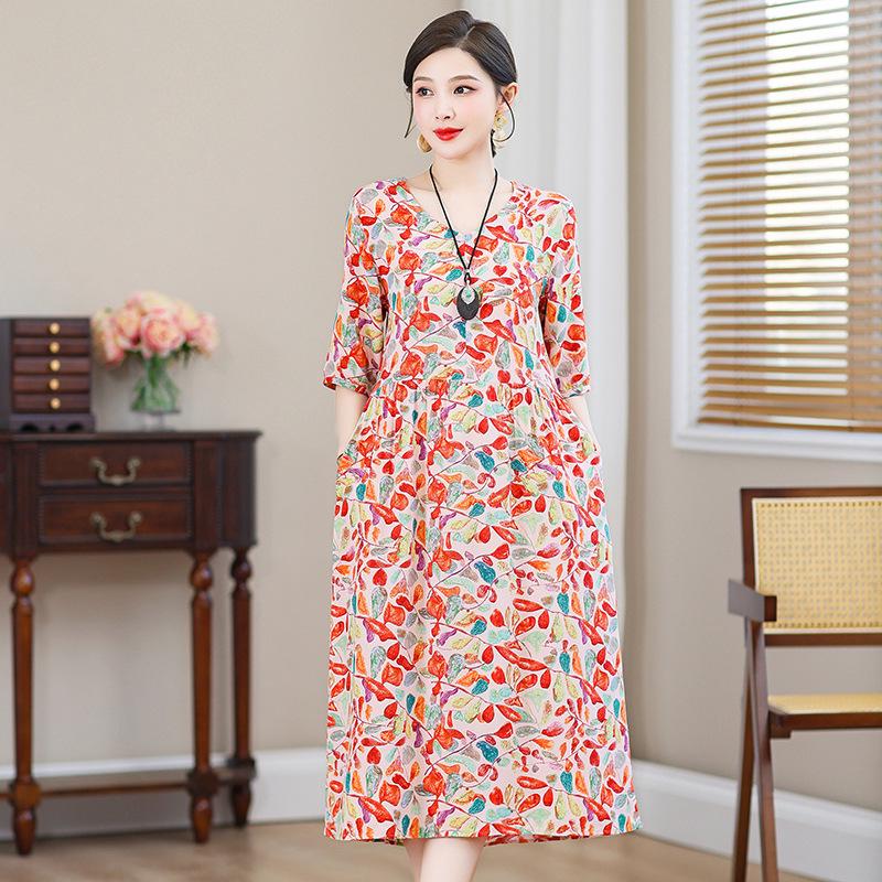 

Хлопковое платье с цветочным принтом в корейском стиле 2024: Женская летняя мода средней длины 5XL