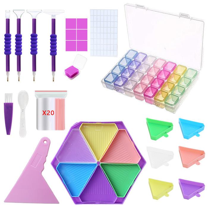 Complete 5D Diamond Painting Tool Kit with 4 Pens 6 Tips 28-Grid Storage Box Sorting Trays Wax and Full Accessories for Art Crafts