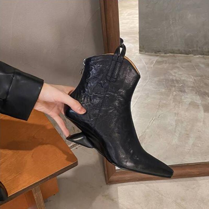 2024 Podzimní dámské kozačky na klínku s hranatou špičkou Moderní kozačky Dělená kožená obuv pro ženy Krátké kozačky na nízkém podpatku Boty na platformě