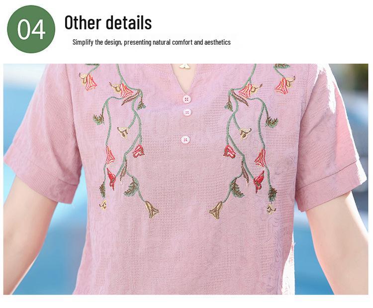 Elegant Embroidered Cotton Linen Tee for Mature Women
