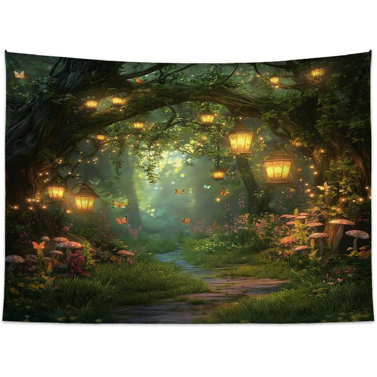 Fantasy Forest Tapestry Fairy Magical Enchanted Misty Jungle Mushroom Floral Tree Butterfly Lantern Wonderland Nature Plant Wall Decor Home 40W×30L inches