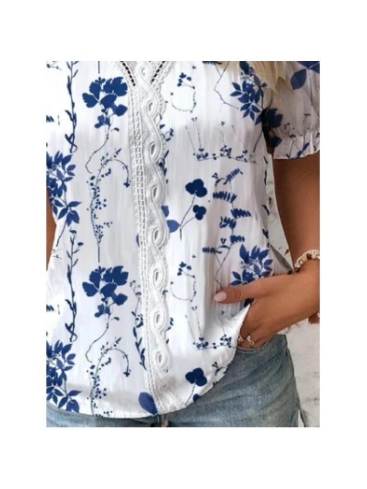 Elegant Blouse Printed Short Sleeve Shirts 2026 Summer Office LadyV Neck Lace Panel Shirt S-XXL