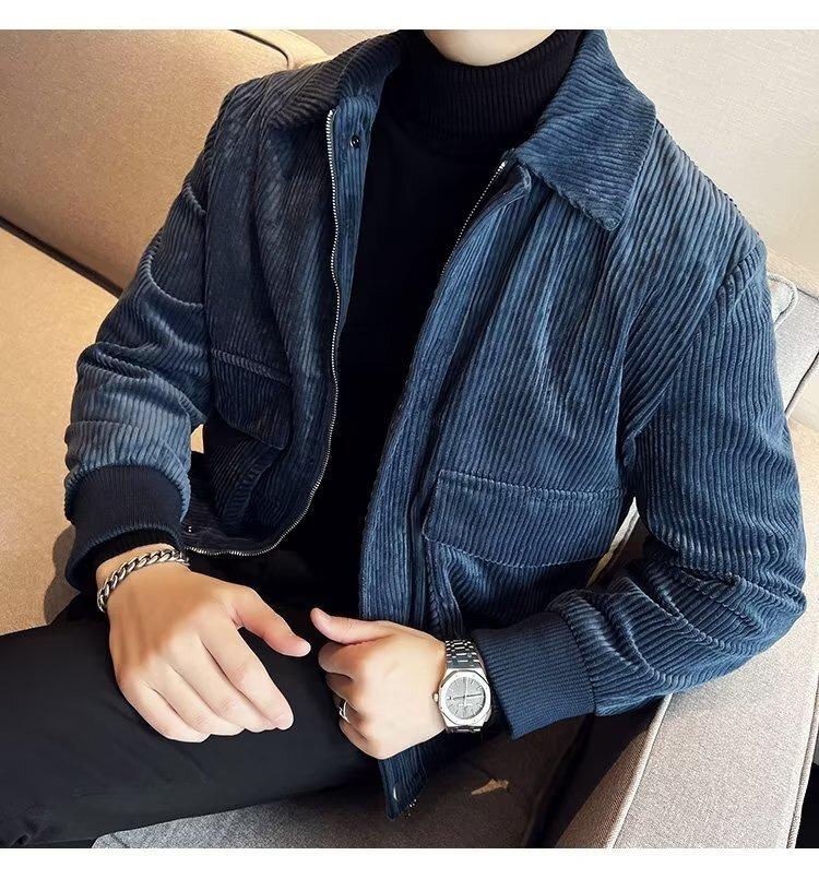 Autumn Korean Trendy Men's Corduroy Jacket - Solid Color, Warm, Cool Zipper Design