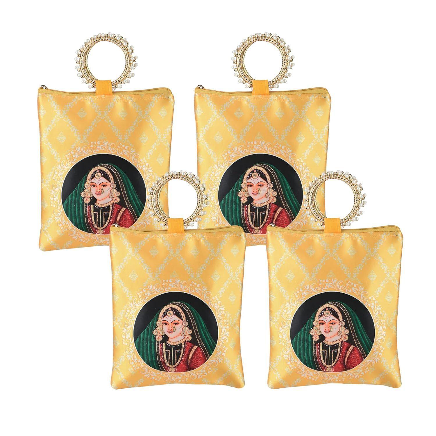 

4 Pcs Silk Small Hand Bags for Women Stylish with Zip & Handle | Traditional Handheld Bags for Women | Ethnic Ladies Purse Handbag for Return Gifts