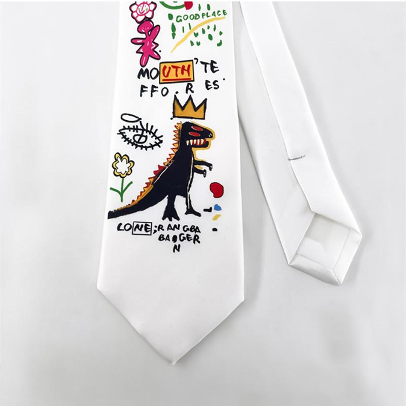 Graffiti Printing Hip Hop Punk White Tie Women Fashion Y2k Kawaii Necktie Casual Shirt Ties For Woman Gift Box