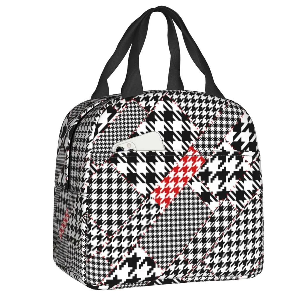 Hounds Tooth Style Houndstooth Insulated Lunch Bags for Work School Dogstooth Waterproof Thermal Cooler Lunch Box Women Kids