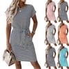 Women's Striped Short Sleeve Dress with Round Neck Tie Waist Casual T Shirt Mini Dress for Daily Wear