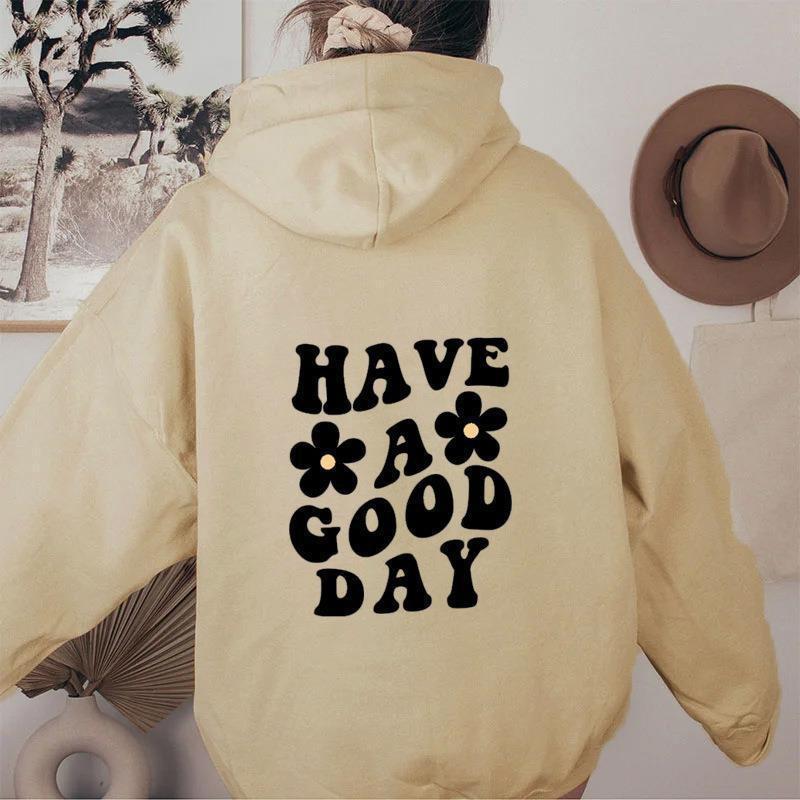 Autumn Women's Fashion: Rose Red 'GOOD DAY' Print Hooded Sweatshirt