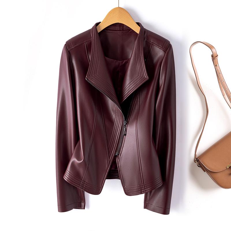 Women's Plus Size Slimming Leather Motorcycle Jacket with Lapel, Multi-color