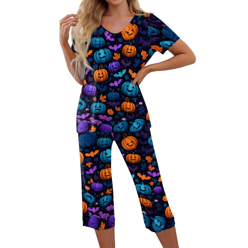Women Two Piece Set Halloween Print Short Sleeve Top and Capri Pants Lounge Wear Casual Pajama Set