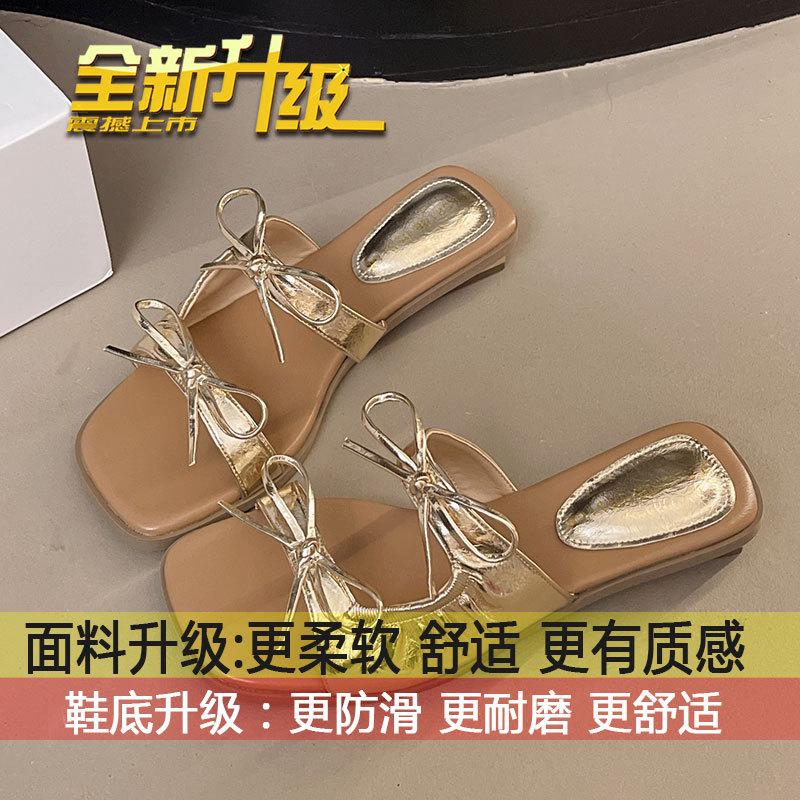 

Korean version of square head versatile slope heel wearing cool slippers women s 2025 new summer bow French premium slippers 35