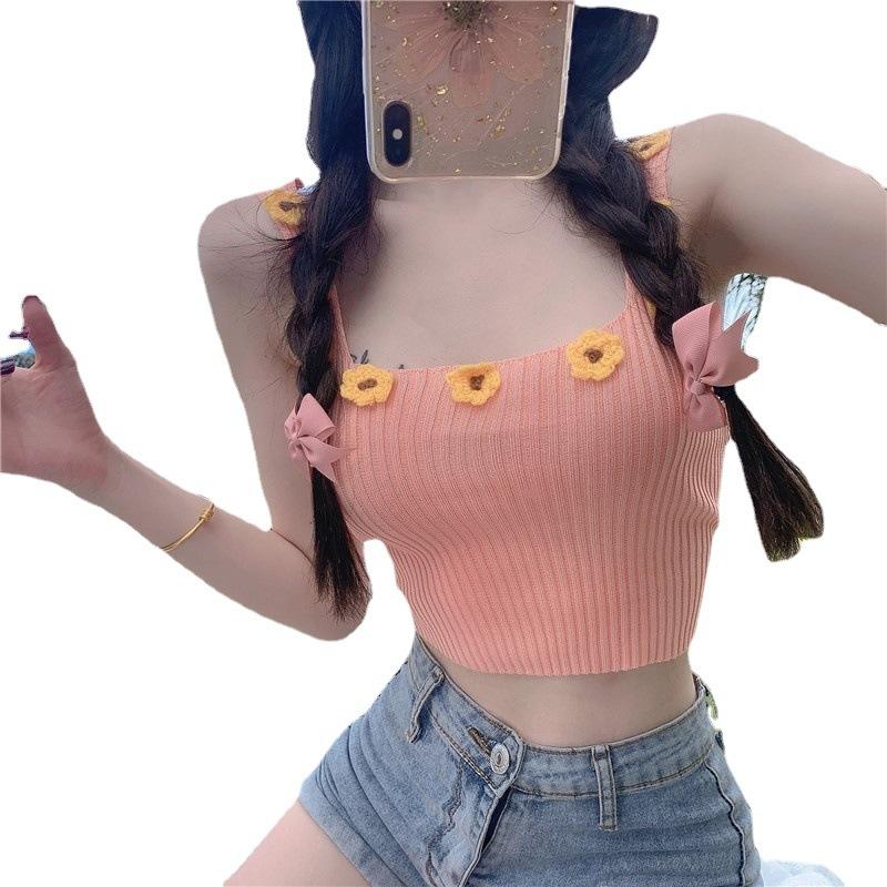 Small and Fresh Three-dimensional Flower Knitted Suspender Vest for Women In Summer Wear Short Sleeveless Sexy Hot Girl Top
