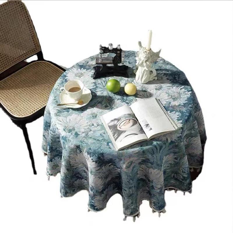 Retro Oil Painting Dyed Dining Table Mat Fringed Household Small Round Table Tablecloth Tablecloth Coffee Table Cover Waterproof