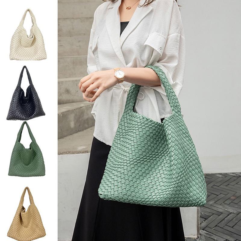 Soft Leather Woven Shoulder Large Bag Large Capacity Child and Mother Bucket Bag Lazy Wind Tote Bag Shopping Travel Handbag