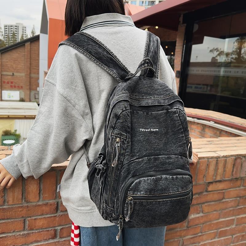 Womoen Large Capacity Denim Backpack Middle School Student Schoolbag