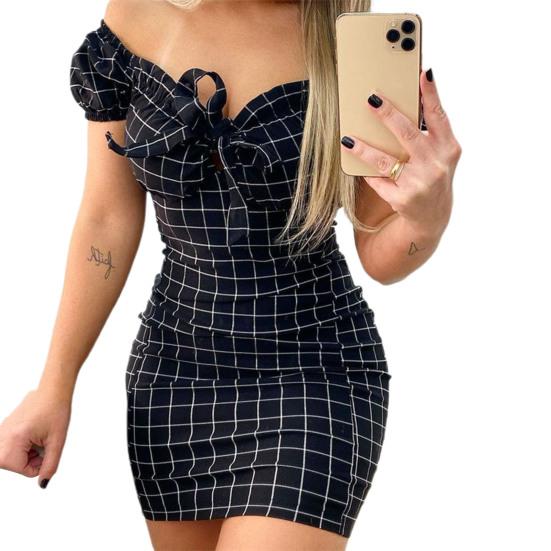 Robe Mini Slim Décor Nœud Papillon Doux Imprimé Carreaux Épaules Dénudées Robe Bodycon Vêtements Féminins