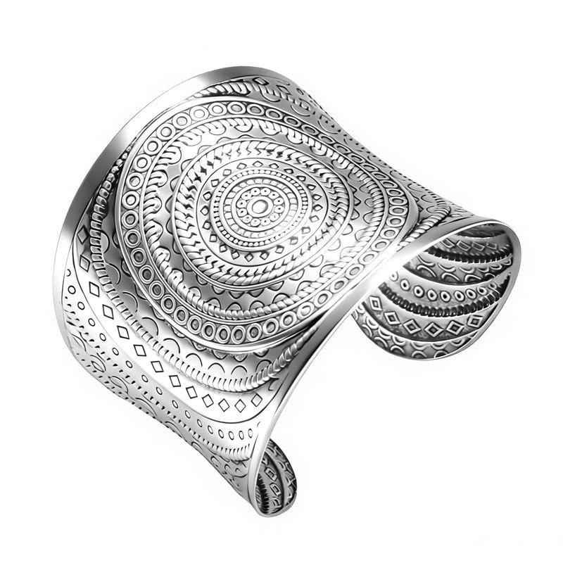 

European Ethnic Bohemian Wide Pattern Bracelet - Exotic Design for Women срібний