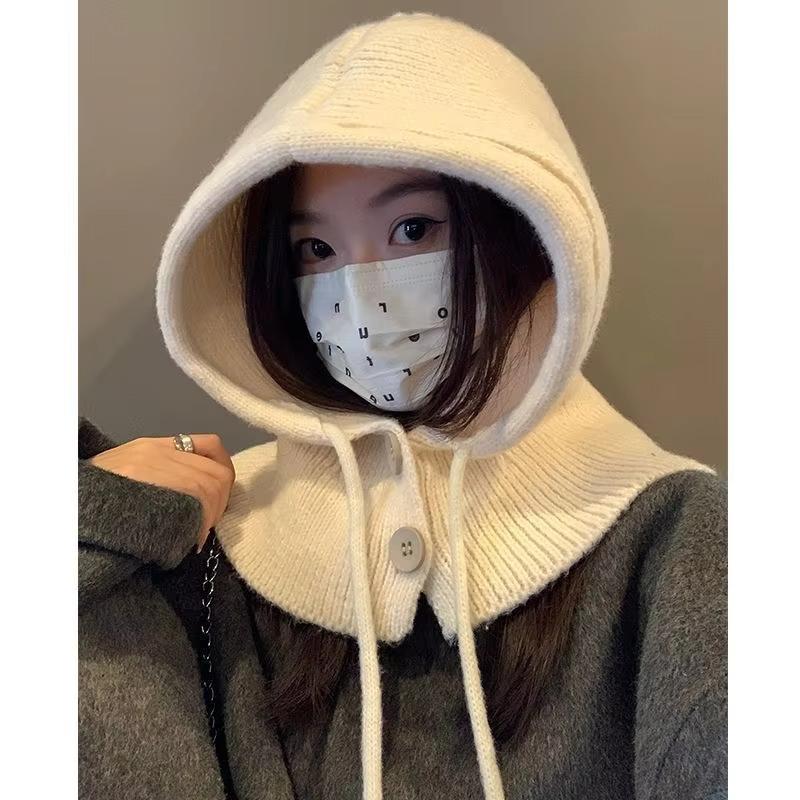 1 Stück Winter warm winddicht Hüte und Schal Set mit Knopf Schal Sturmhaube Mütze Warmes Nacken Set Damen Gestrickter Pullover Hut Gothic Y2k