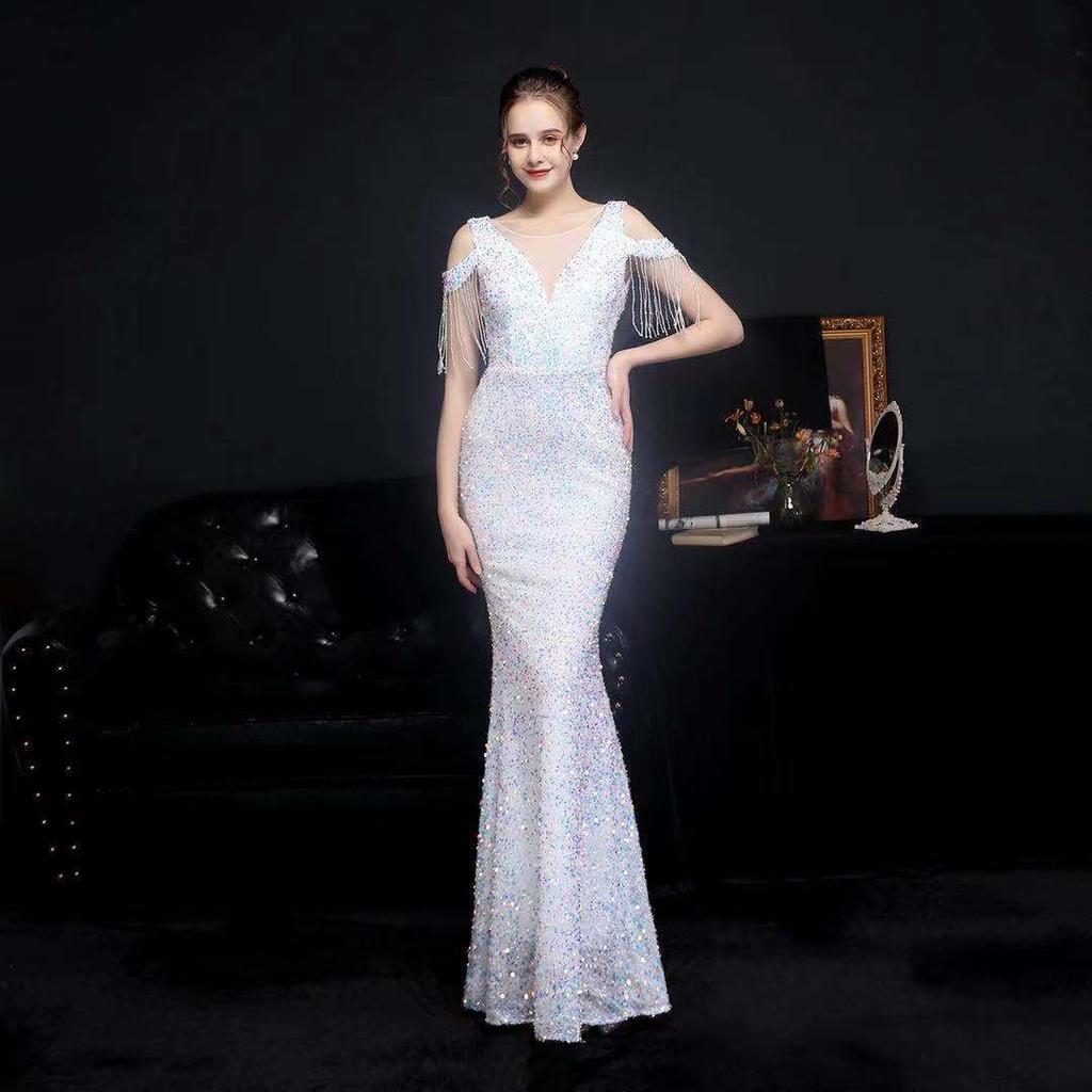 Waist fishtail dress 1011 new summer banquet temperament sexy fishtail heavy industry celebrity host evening dress