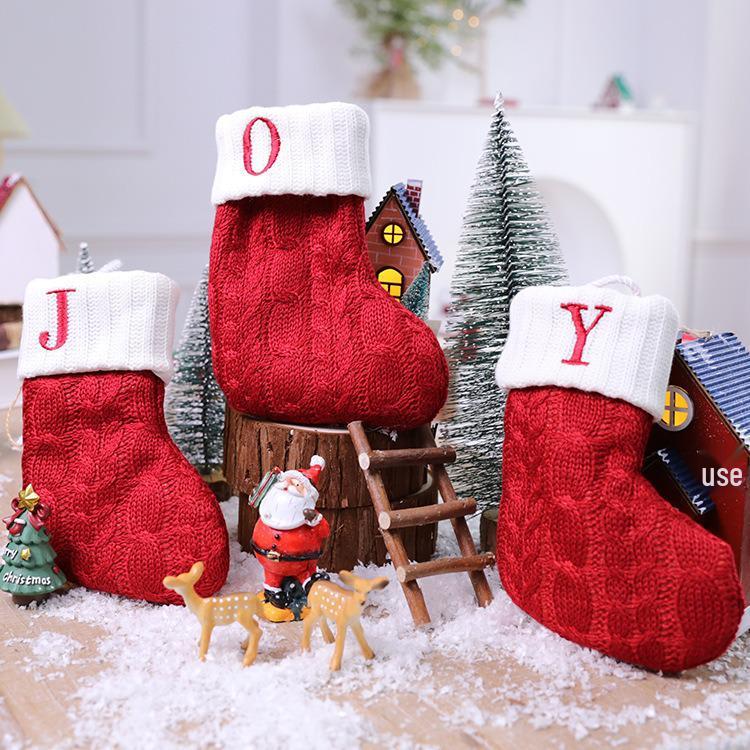 26-Letter Knitted Red Christmas Stockings - Festive Holiday Hanging Decorations