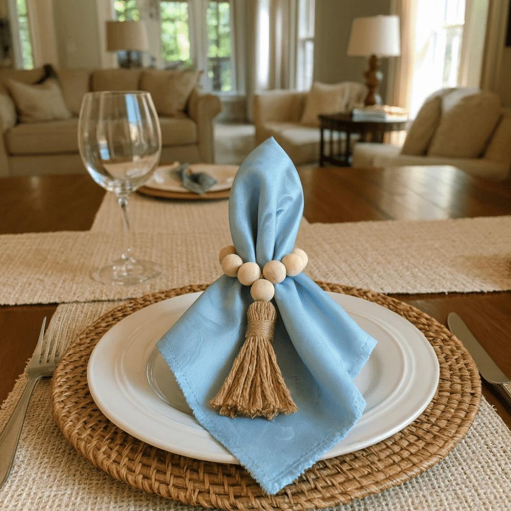 6 Pieces Farmhouse Style Wooden Bead Napkin Rings Adjustable with Tassel Napkin Buckle Handmade Napkin Holder Holiday Banquet