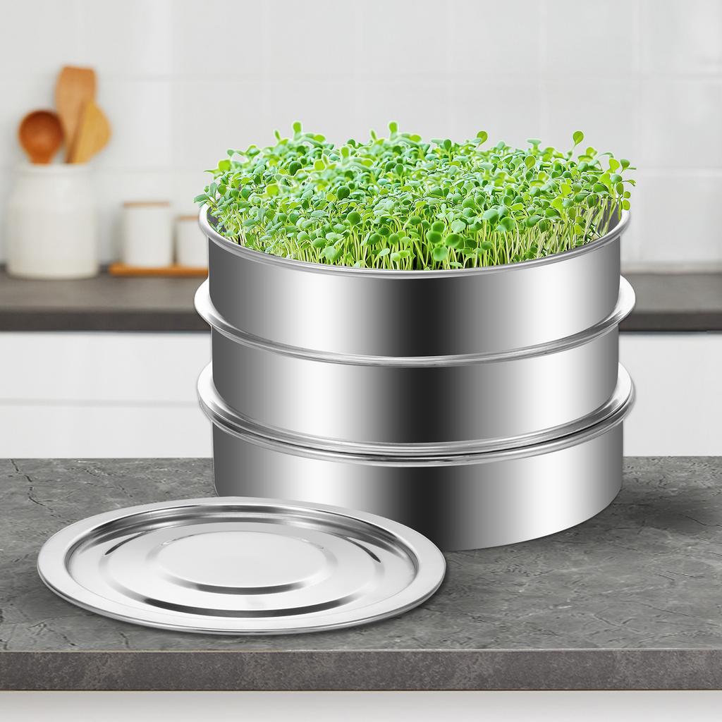 3PCS/Set Sprouts Growing Tray Stainless Steel Sprouting Stackable Tray Mesh Sprouting Tray Seed Sprouting for Beans Peas 20CM