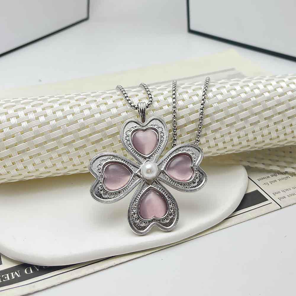 Lucky Flower Heart Necklace: Four-Leaf Clover Long Sweater Chain Women's Accessory