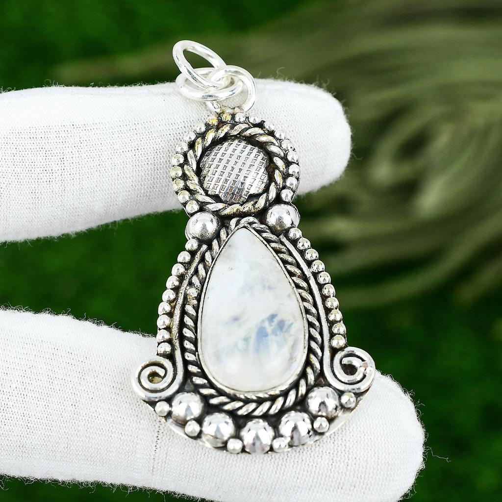 Sterling Silver Crown Chakra Pear Natural Rainbow Moonstone Sister Bezel Pendant