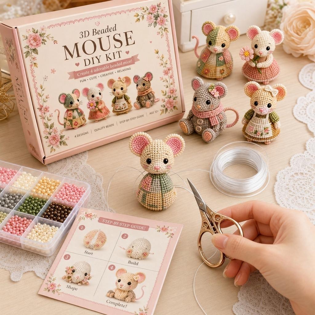 3D Beaded Mouse DIY Kit Complete Craft Set with Step by Step Guide Quality Beads Wire and Scissors for Handmade Animal Models Creative Fun Crafting