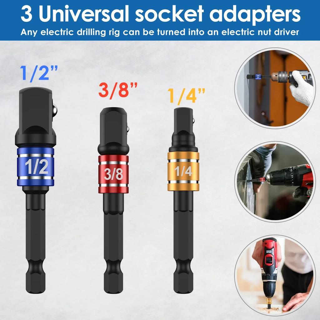 21Pcs 1/4 Inch Hex Shank Screwdriver Bit Holder Zinc Alloy Bit Holder Keychain with 1/4inch 3/8inch 1/2inch Drill Socket Adapter