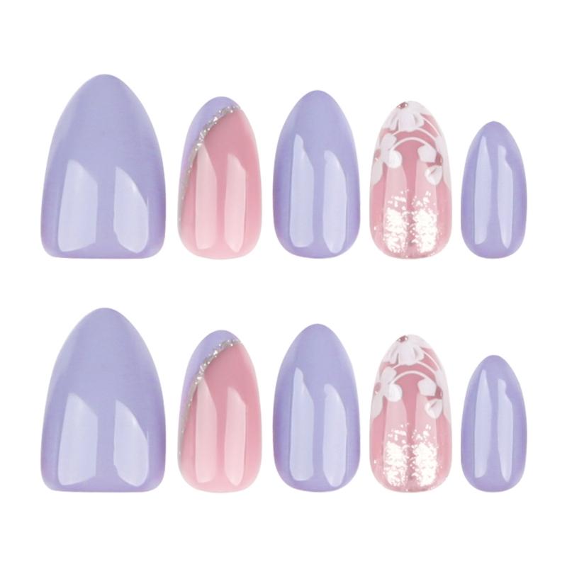 24 Pcs White Flowers Artificial Nail French Tip Press On Nail Almond Shape Stick On Nail Purple False Nail for Party