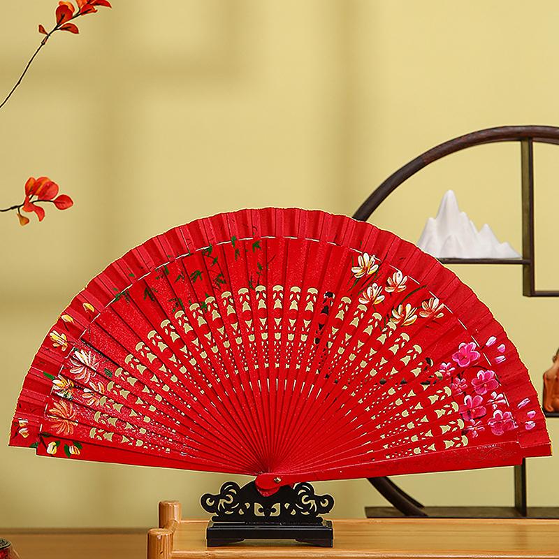 1Pc Chinese Style Double-Sided Folding Fan Hollow Double-sided Craft Gift Dancing Printing Wood Spanish Hand Fan Party Supplies
