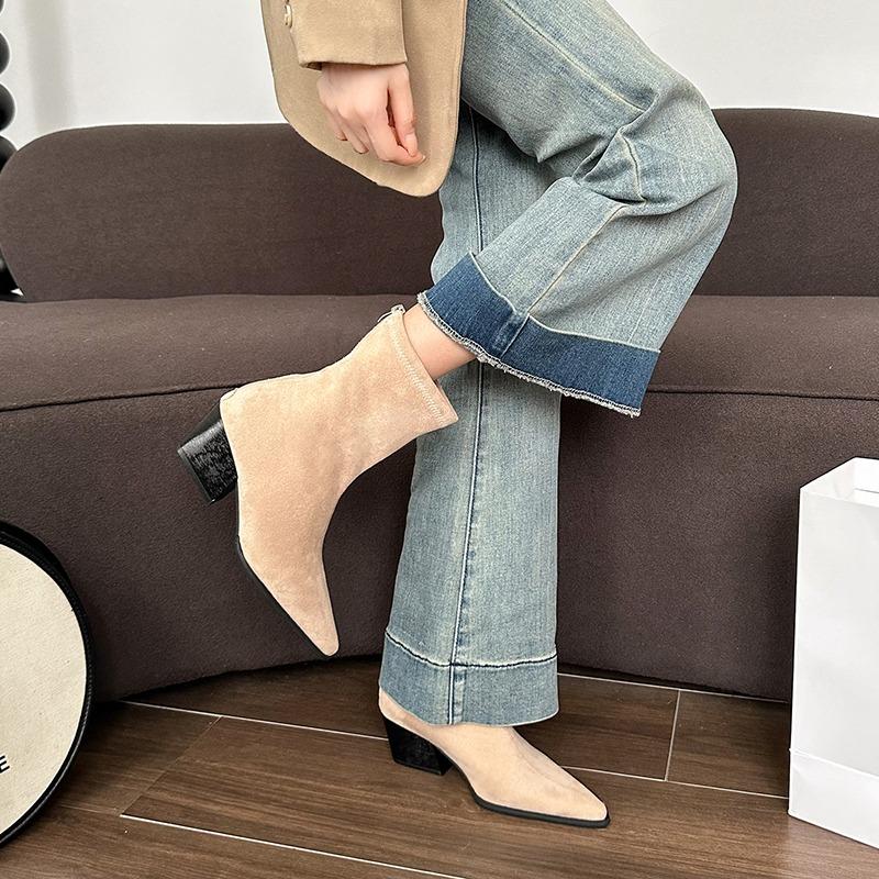 Fashion Flock Footwear Women Ankle Boots With Zippers Shoes Pointed Toe Ladies Short Stretch Booties Female Heels Shoes