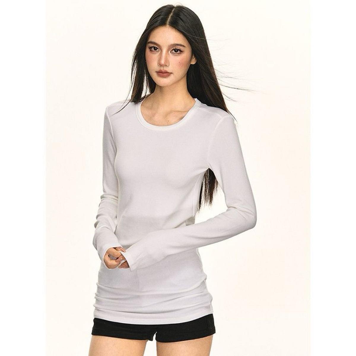 Early Summer Women s Round Neck Fleece T-Shirt - 270g, Double-Sided, Warm, Long Sleeve, Tight Fit, Casual Large