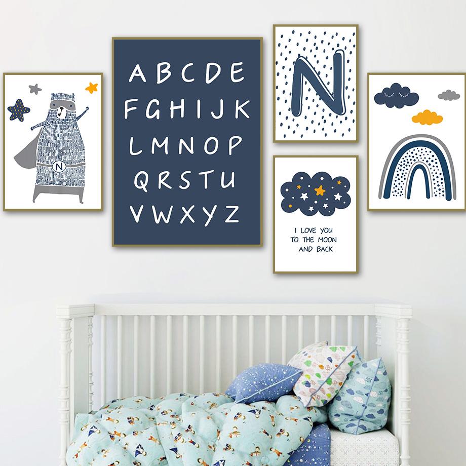 Cartoon Anzahl Alphabet Regenbogen Wolke Bär Wand Kunst Leinwand Malerei Nordic Poster Und Drucke Wand Bilder Für Kinder Zimmer Dekor