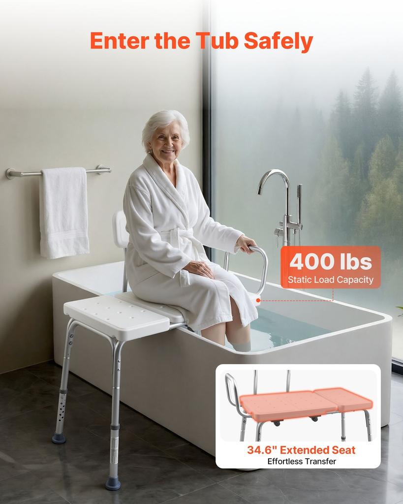 Tub Transfer Bench for Bathtub, 180 Kg Capacity Heavy Duty Shower Chair with Arm, Backrest and Curtain Slot, Height Adjustable Shower Bench Bath Seat