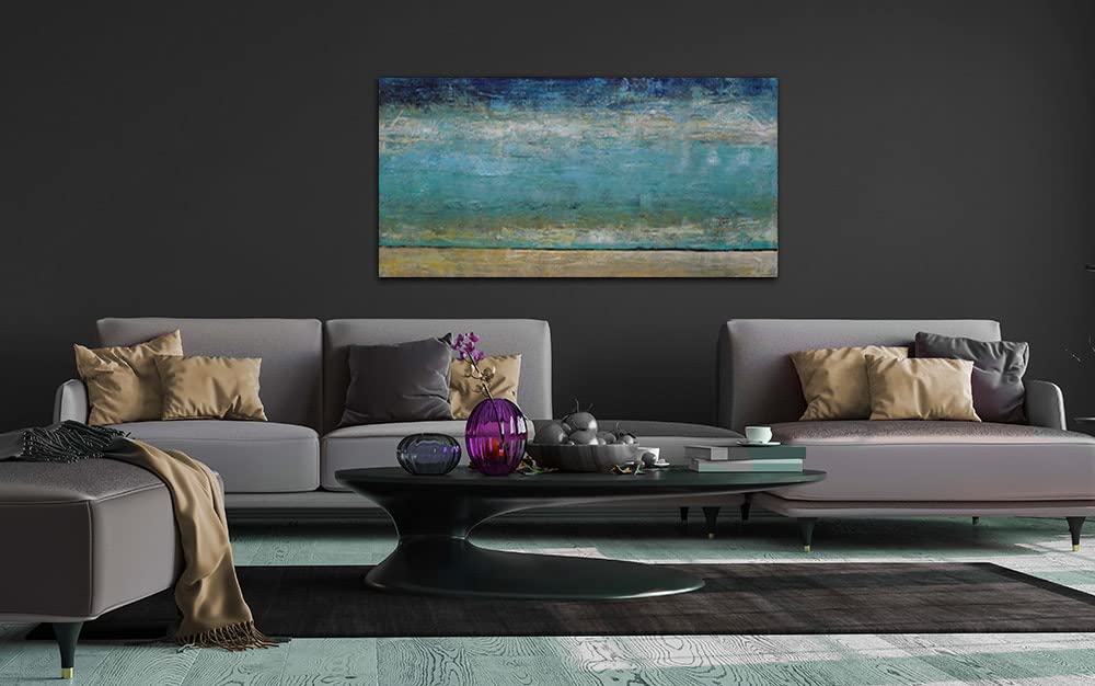 BWA Painting Interior Varnished Wall Art 100cm x 50cm Art Panel Art Board Nordic Ocean Blue Oil Painting Abstract (Waterfront no. 2)