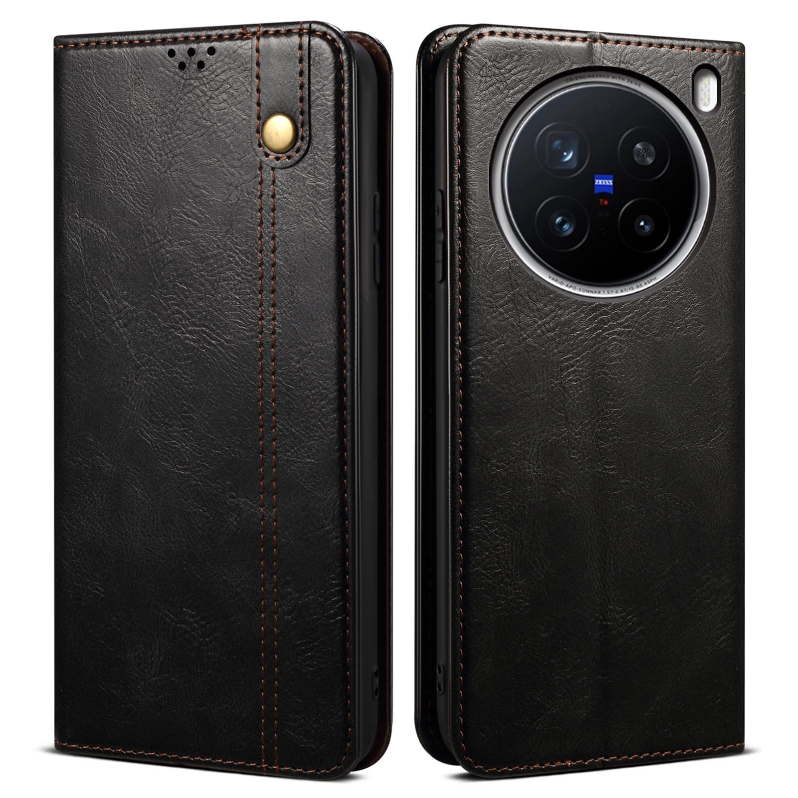 

Для vivo X200 Pro 5G Чехол Текстура Crazy Horse Вощеная Кожа Кошелек Подставка Чехол для Телефона Black