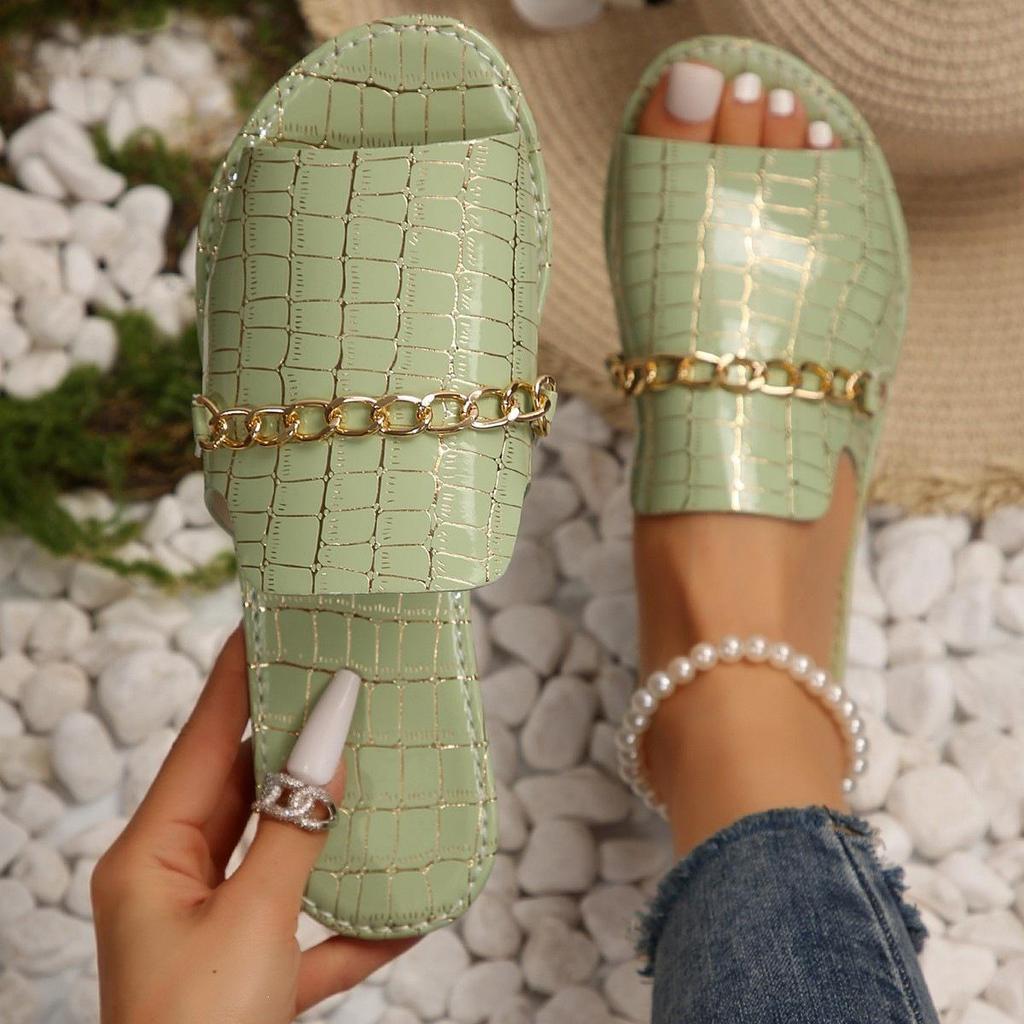 2025 Plus Size Women’s Crocodile Pattern Chain Outdoor Flat Slippers for Summer