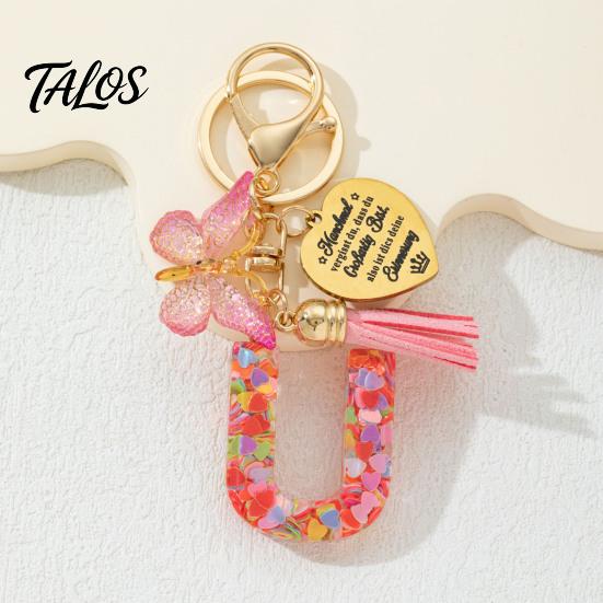 Talos Keychain Pendant, Sequins Initial Letter Charm Key Chain with Butterfly Tassel Stainless Steel Heart Design, A-Z Holder for Bag Purse Backpack
