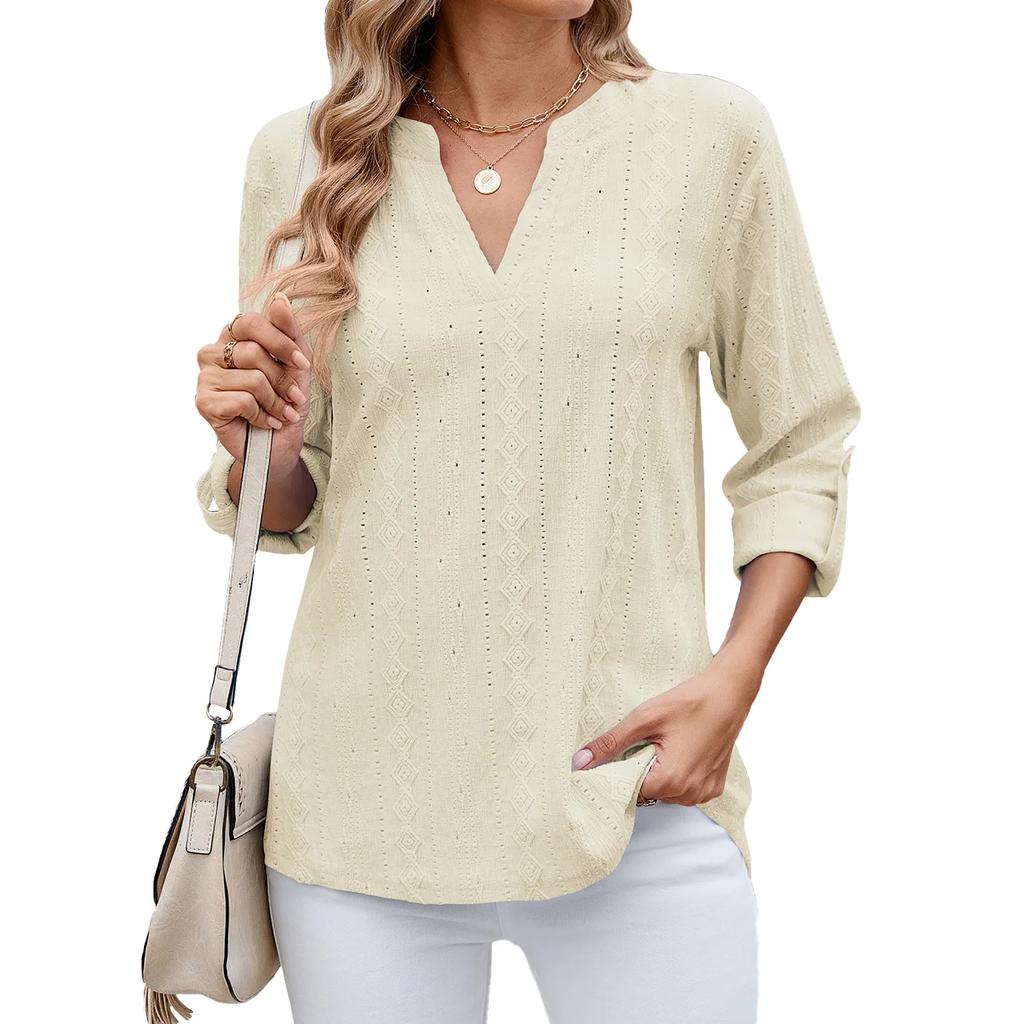 Women's Casual Three-Quarter Sleeve T-Shirt V-Neck Cut-Out Solid Color Top with Cufflinks Versatile Commuter T-Shirt