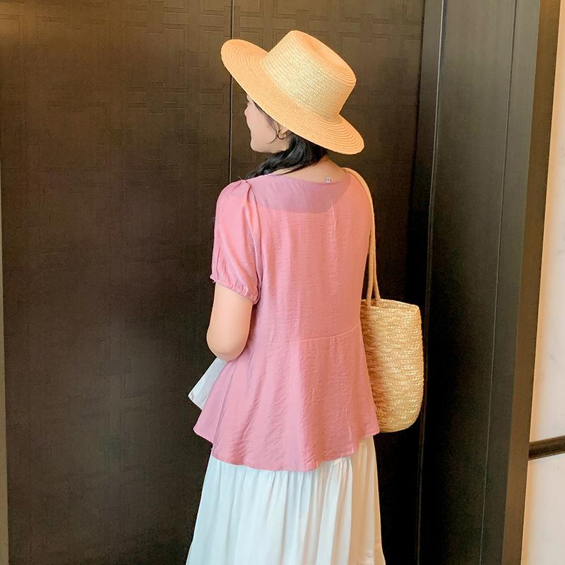 Large Size Women's Sweet Doll Shirt Summer New French Temperament Square Neck Bubble Sleeve Shirt 240361
