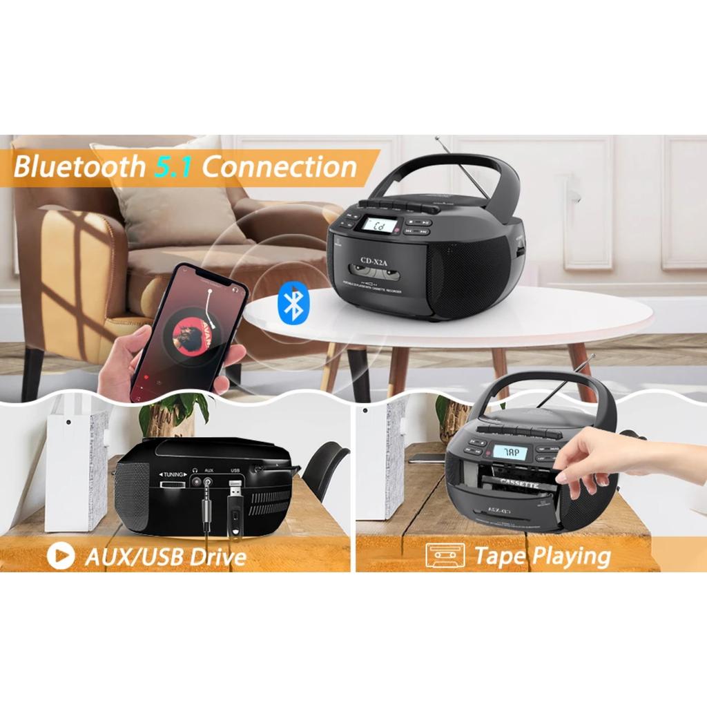 Portable CD Boombox with Cassette Player and Recorder CD Radio FM AM with Bluetooth and USB MP3,AC DC Power with Remote Control