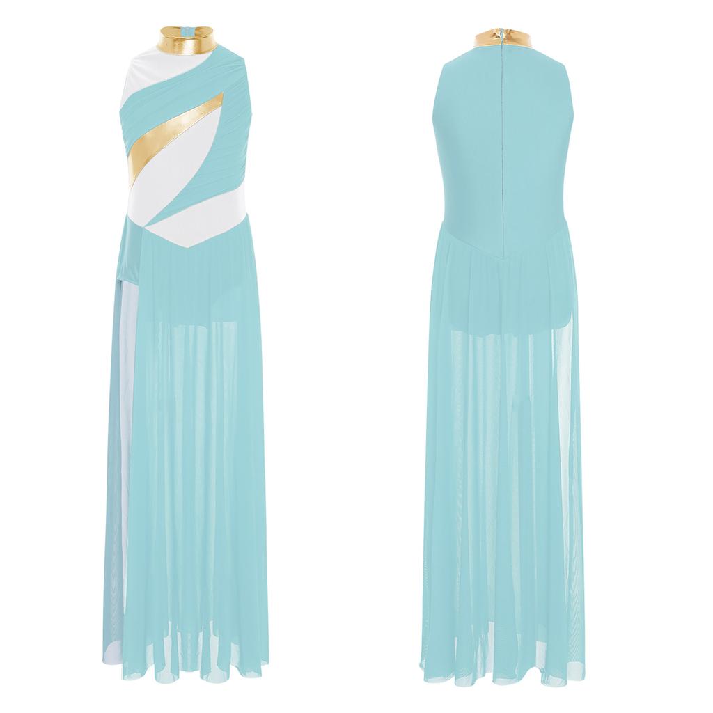 Zeitgenössisches Tanzkleid für Mädchen: Hoher Kragen mit gerafftem Netz-Oberteil, Seitenschlitz & Colorblocking-Design für Bühnenauftritte