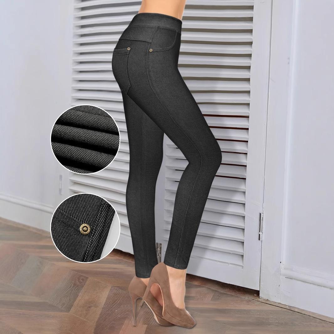 New high waist tight straight yoga imitation jeans women s high elastic pockets thin breathable fitness casual pants S