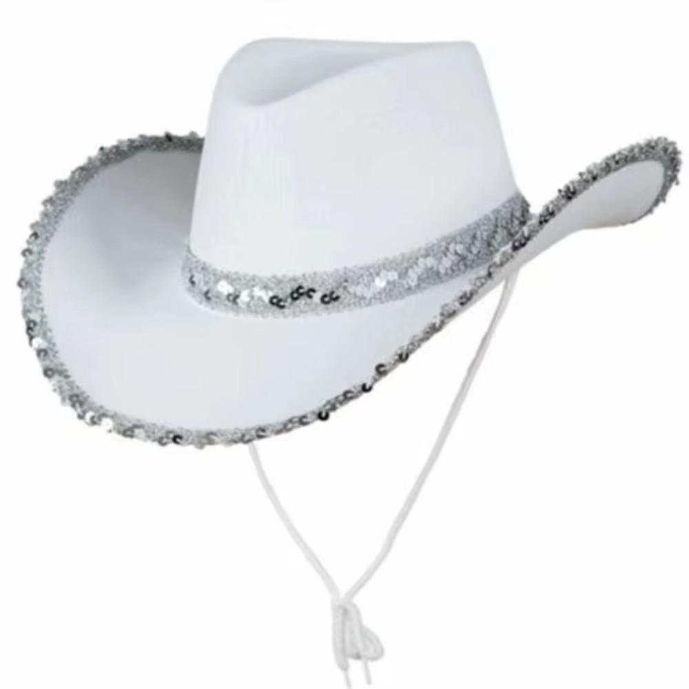 Furry Trim Western Cowboy Hat Solid Color Top Hat Fashion Sequin Cowgirl Hat Stage Performance